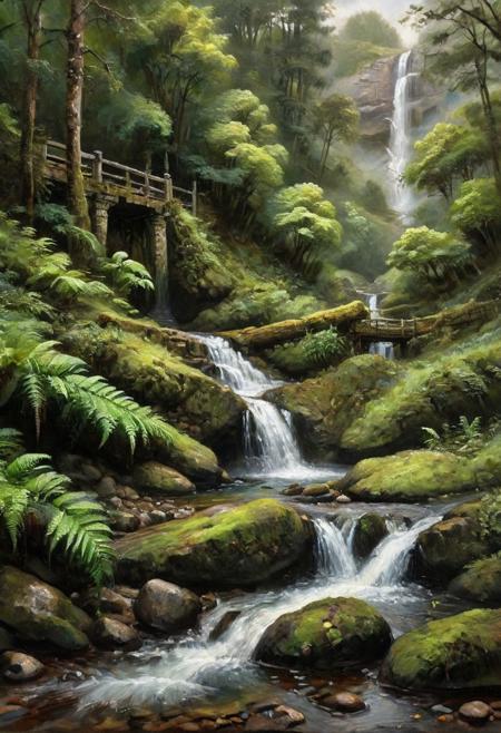 oil painting featuring a dynamic natural setting. In the foreground sturdy, rustic, weathered planks, supported by stone pillars cross over a small, clear stream. The stream cascades down a series of waterfalls, spray rising from the foaming water. Surrounding the water are lush green ferns and moss-covered rocks, adding to the verdant atmosphere. In the background, a mountainside rises, covered with dense foliage and a few scattered trees, under a cloudy sky. The overall composition is energetic and exciting, capturing the essence of the beauty and power of falling water.
