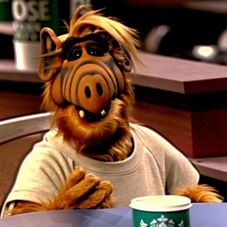 alf person drinking coffee at Starbucks.