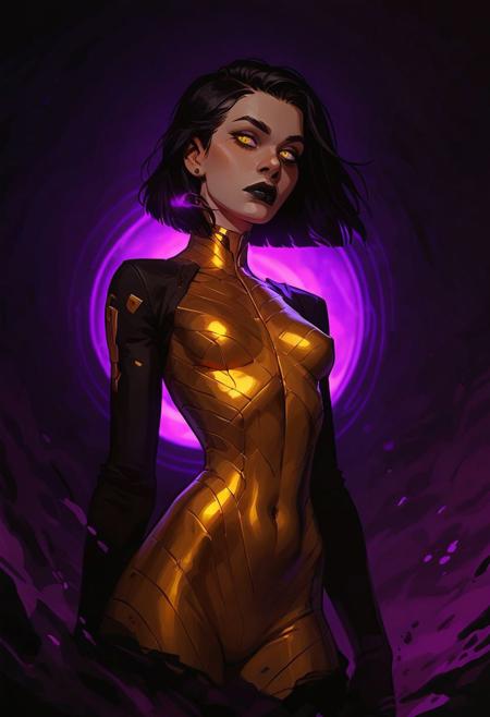 score_9, score_8_up, score_8_up, Expressiveh, easynegative, wide shot, outside, sci-fi sky, alien planet,  
1girl (1 sexy 20yo girl, perfect face, gorgeous body, flawless, gold sci-fi bodysuit, eyes (light golden eyes), hair (long, straight, black hair with gold streaks), very thin body, black lips, small breasts. holding large sci-fi rifle (1.2)
spaceship (1.6) (dark, glowing, purple lights, eerie, crashed, down in gully below her). 
concerned expression, godrays, purple landscape, rocky, g0thicPXL, glowing, neon (purple),