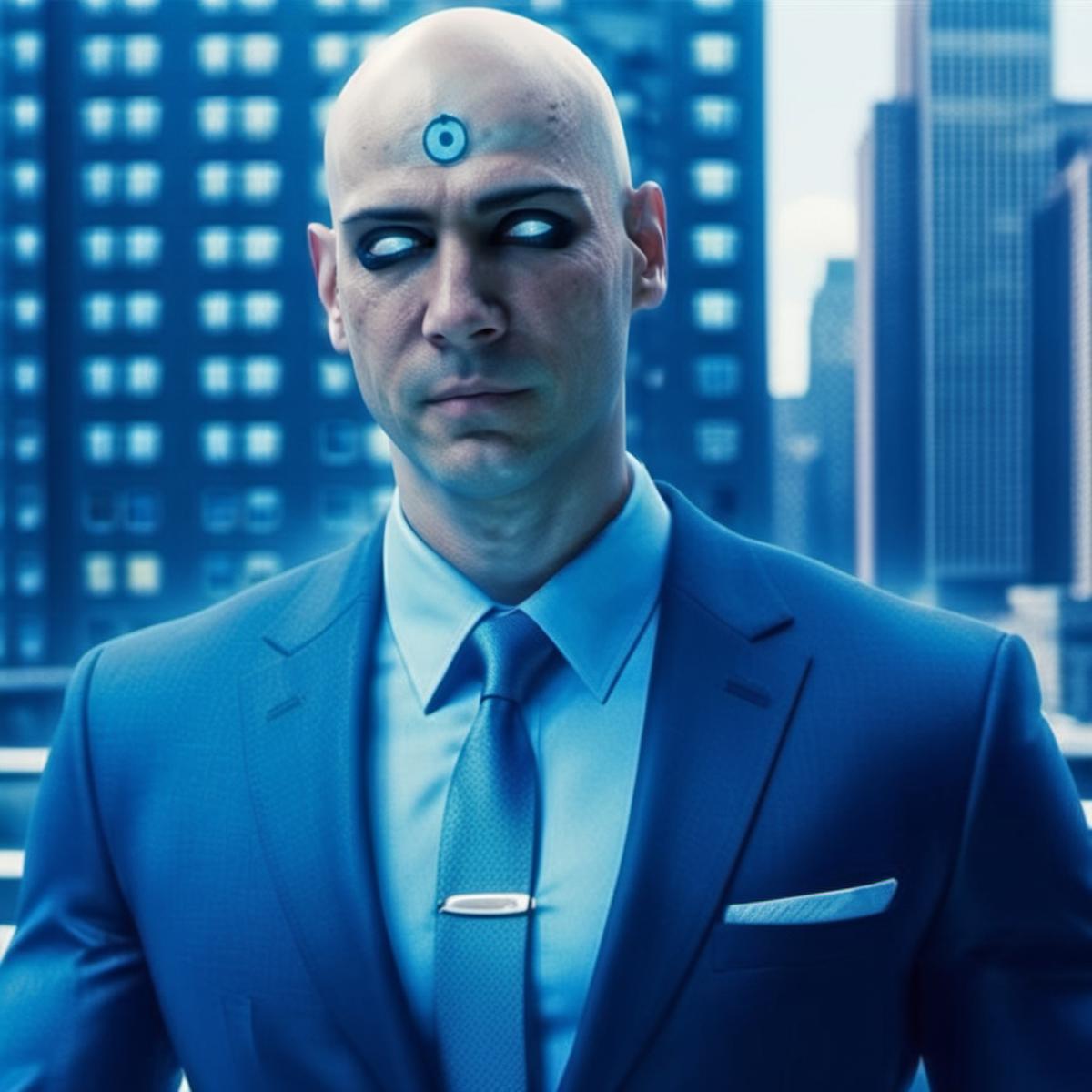 DrManattan1024, a blue skin bald man in a suit, new york, buidings, highly detailed , photography, ultra sharp, film, boke...