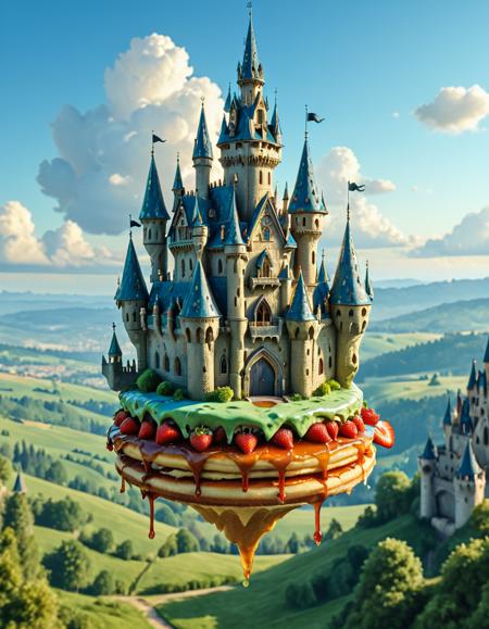 <lora:MW_Minis01xl:1.0> mwm01, cinematic, majestic, fantasy, T10, gold, blue, bokeh, a green slime covered haunted magical castle with ornate spires and detailed architecture, floating atop a massive pancake with strawberry jam in a bright blue sky. The slimy castle is lit by golden sunlight from the right, casting soft shadows and illuminating the stonework. Below, a lush, rolling green landscape stretches into the horizon, dotted with trees and distant castles nestled in the hills. The view is from a slightly elevated mid-ground perspective, focusing upward toward the floating castle to emphasize its surreal height and grandeur. Highly detailed, cinematic lighting, fantasy realism, Studio Ghibli meets Disney aesthetic, painterly yet photorealistic.