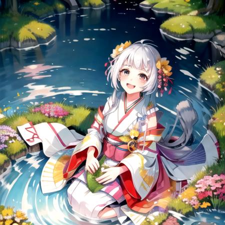 <lora:IrohaSenju-10:0.8>, irohawds, looking at viewer, blush, smile, open mouth, long sleeves, sitting, flower, white hair, :d, outdoors, japanese clothes, horns, day, wide sleeves, kimono, water, from above, grass, bug, looking up, butterfly, seiza, yellow flower, lily pad, layered clothes