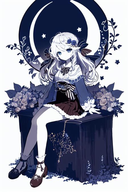 Pisces, 1girl, flower, solo, star (symbol), hair ornament, hair flower, rose, blue theme, ribbon, heart, sitting, bow, skirt, crescent moon, long sleeves, dress, full body, moon, frills, blue eyes, footwear bow, monochrome, shoes, medium hair, blue ribbon, white flower, pleated skirt, bangs, white rose, striped, blue flower, long hair, closed mouth, crescent, striped bow, looking at viewer, dress bow, jewelry<lora:Pisces:1>