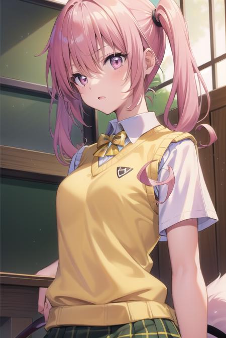 nanadeviluke, <lora:nanadeviluketest:1>,
nana asta deviluke, fang, long hair, (pink eyes:1.5), pink hair, tail, twintails, (flat chest:1.2),
BREAK green skirt, plaid, plaid skirt, sainan high school uniform, school uniform, skirt, shirt, white shirt, sweater vest, (yellow sweater vest:1.5), short sleeves,
BREAK looking at viewer,
BREAK indoors, classroom,
BREAK <lora:GoodHands-vanilla:1>, (masterpiece:1.2), best quality, high resolution, unity 8k wallpaper, (illustration:0.8), (beautiful detailed eyes:1.6), extremely detailed face, perfect lighting, extremely detailed CG, (perfect hands, perfect anatomy),