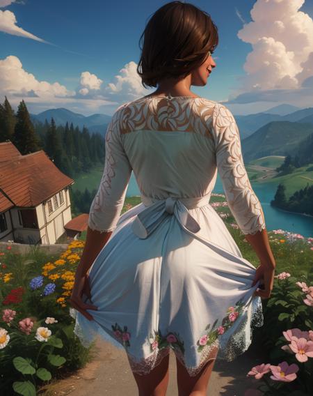 Faith,green eyes,brown hair,
white dress,long sleeves,light smile,
outdoors,flowers,country,
from behind,
standing,
(insanely detailed, masterpiece, best quality),<lora:FaithSeed:0.8>,