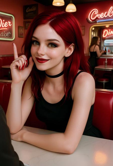 sitting across the table, this young lady enages in a vivid conversation smiling and gesturing. She wears a coquelicot t-shiirt with white letters, her hair is tidy and tamed, her make-up delicate and natural with subtle eyeshadows and lipstick. On the table of this American style diner you can see a bottle of wine and a full english.
VioletGPT,  long blood-red hair,, pale freckled skin,, bold smoky eye makeup,, glossy crimson lips,, sharp cheekbones,, black choker,