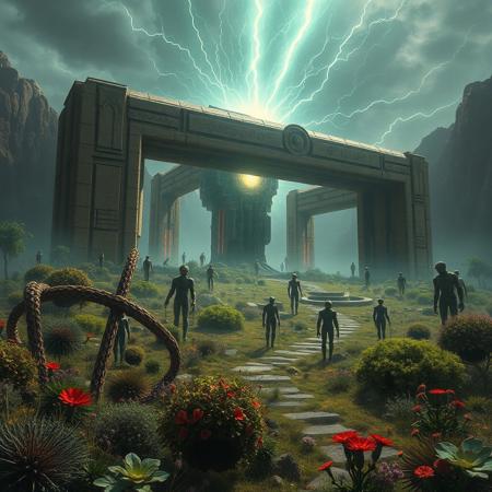 An ancient alien structure suddenly hums back to life with plasmid waves and electrical energy after millennia of inactivity. The landscape around it is covered in alien wildlife and flora.