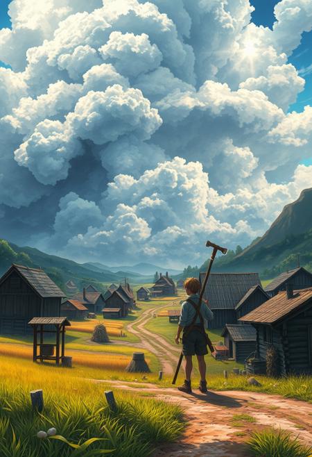 High detail, anime landscape drawing masterpiece, villager with a pitchfork looking at the far away skies, epic art, bright colors, huge shadows, Surreal landscape of a fantasy village, houses made out of wood with dirt roads, hay stacks, well, different roofs, some houses are multi story, detailed whet field, at the background there is a huge storm coming consuming the calm skies, surreal thunders coming out of that detailed sky, far from a peaceful village, corrupt ground under the storm far away, great sense of scale, mountains to the right side of the frame, UHD, very good quality, trending on artstation, slight fog,