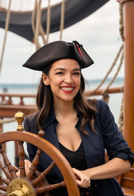 stunning medium photo of alexandria_ocasio_cortez dressed as a pirate, turning the wheel of a pirate ship, tricorn hat, smiling,  ship nautical background, <lora:alexandria_ocasio_cortez_aoc_sdxl_60:0.75>