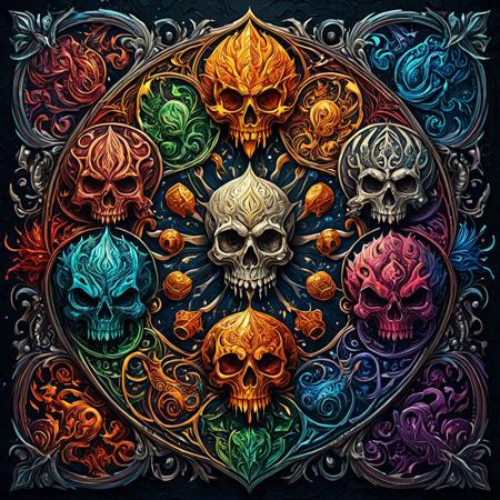 Finely detailed vector illustration. the seven deadly sins, ultra realistic quality, interwoven pattern, dark gradient background, hyperdetailed, intricately detailed,  triadic colors,fantastical,intricate detail,splash screen,complementary colors, fantasy concept art, 8k resolution, masterpiece, oil painting, thick strokes, paint dripping, vapors, glow