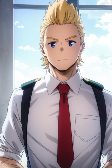 mirio, <lora:mirio-lora-nochekaiser:1>,
mirio, short hair, blonde hair, spiked hair,
BREAK shirt, school uniform, white shirt, necktie, collared shirt, belt, pants, red necktie, green pants, u.a. school uniform,
BREAK looking at viewer, upper body,
BREAK indoors, classroom,
BREAK <lyco:GoodHands-beta2:1>, (masterpiece:1.2), best quality, high resolution, unity 8k wallpaper, (illustration:0.8), (beautiful detailed eyes:1.6), extremely detailed face, perfect lighting, extremely detailed CG, (perfect hands, perfect anatomy),