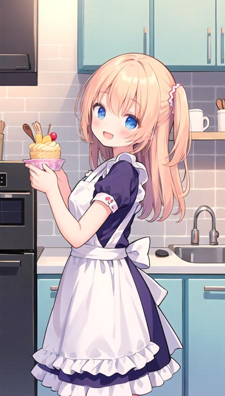 beautiful illustration, best quality, cute girl, apron, kitchen, from side, sweets, happy, cowboy shot, open mouth, long hair, short sleeves