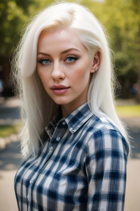 A half Body Photo of a beautiful platinum blonde Scottish girl, clear eyes, messy beehive hair style, natural skin complexion, slim with curves, tartan shirt, outdoor background, soft lighting, captured by {randomly selected} photographer. This image looks glamorous and elegant in style and outdoor  background that was recognized as a contest winner. It has been featured on CG Society. Cinematic,
fcNeg