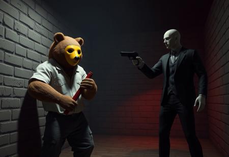 epic Grimdark, highly detailed 3D render: Dimly lit room, gray brick walls. Anthropomorphic bear, yellow mask, white shirt, gray pants, holding red object. Opposite, humanoid in black suit points gun. Tension, captivating low key lighting, cinematic, impeccable composition. Octane render, Unreal Engine 5, trending on Artstation, concept art, 8k, lifelike details.