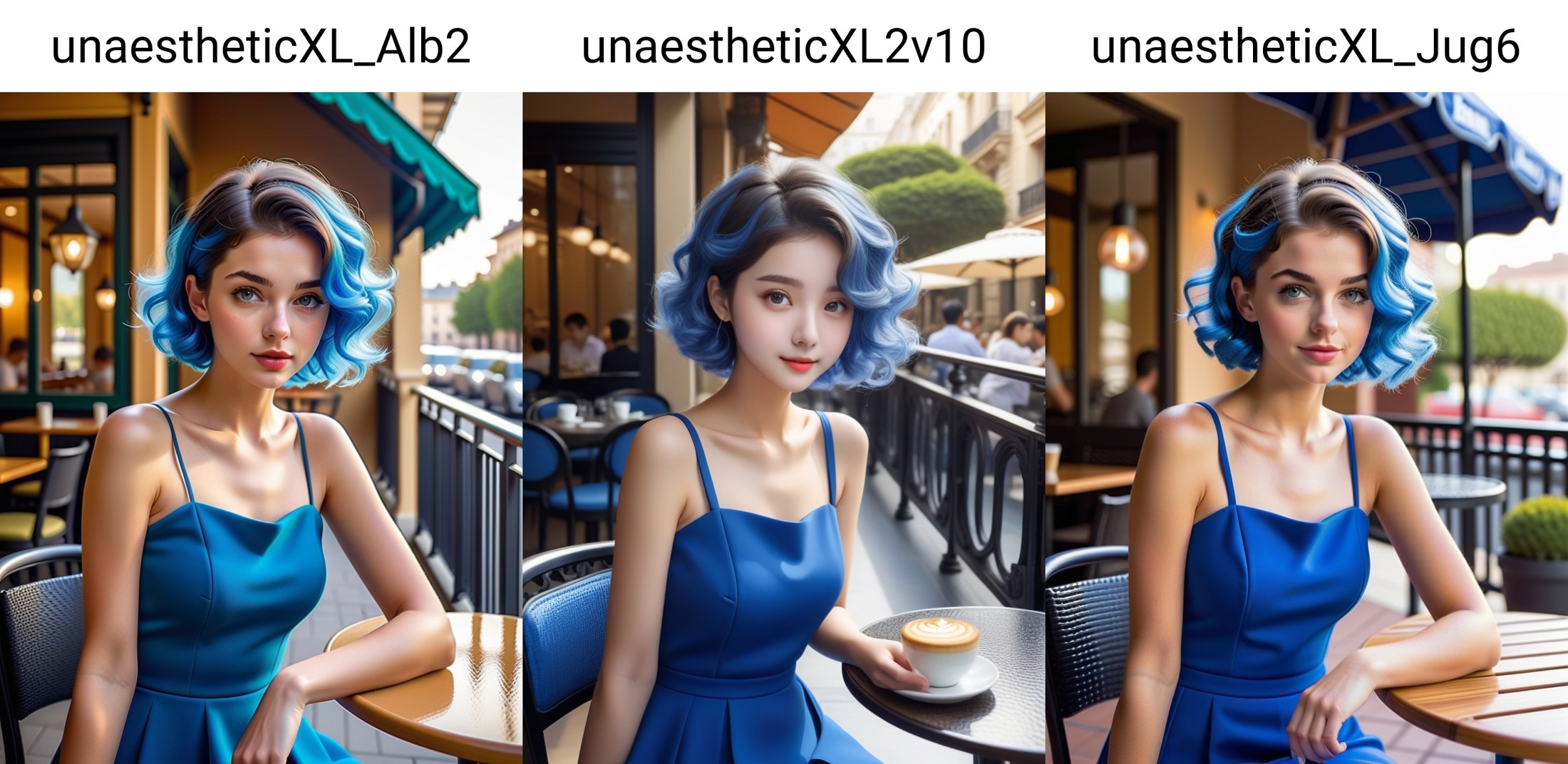 1girl, solo,  blue, jet, very short, lightly curled inwards hair, hair, cafe terrace,, masterpiece, best quality