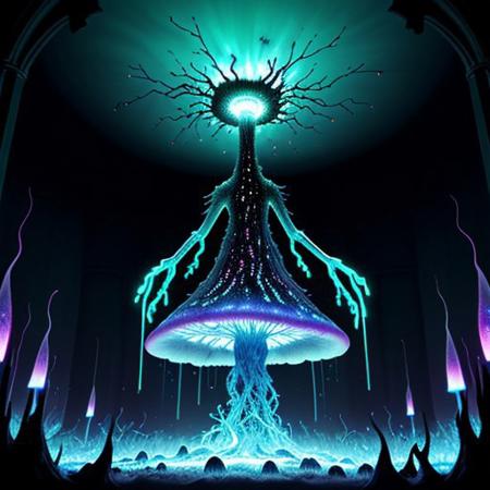Create a 3 minutes video for YouTube about Kleptoparasi King of all Calamities  An eerie mushroom cathedral, its bioluminescent interior casting a soft, ethereal glow. The walls and ceiling are lined with cracked, glowing blue veins that mimic the intricate patterns of shattered glass, hinting at the presence of archaea and bacteria. In the center of this mystical space, a Kleptoparasi is a mixes of archaea/bacteria/mushroom/parasite/fungi a living virse humanoid entity, stands tall with its translucent bioluminescence glass like skin revealing a complex network of neon glowing veins in the same electric blue hue. Its eyes are two piercing dots of light that seem to pulse in sync with the surrounding fungal structure. The creature wears tattered robes made from what appear to be discarded membrane scraps, giving it an otherworldly, yet strangely organic appearance. As it steps into the heart of the cathedral, its veins flare up in a symphony of colorful flames—purple, teal, yellow, green, red, orange, and pink—manifesting its Kleptoparasitism Striker form. Its hands are now engulfed in a fiery dance of multiple hues, each flame representing a different type of energy stolen from various hosts. The parasite's posture is one of determination, its eyes focused on the horizon of the mushroom forest beyond, symbolizing its relentless pursuit of new life to infect and adapt to. The scene is a mesmerizing blend of beauty and horror, showcasing the delicate balance of life