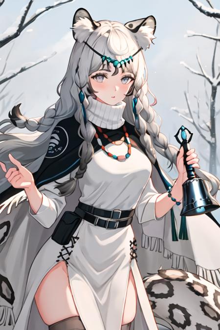 best quality, masterpiece, highres, solo, {pramanix_arknights:1.15}, long_hair, animal_ears, braid, leopard_ears, animal_ear_fluff, grey_eyes, twin_braids, bangs, grey_hair, jewelry, white_hair, necklace, tail, upper_body, turtleneck, leopard_tail, hair_between_eyes, bell, very_long_hair, 1girl, beads, belt, breasts, cowboy_shot, dress, holding, side_braids, white_dress, bead_necklace, black_cape, cape, parted_lips, looking_at_viewer, pelvic_curtain, black_belt, blush, turtleneck_dress