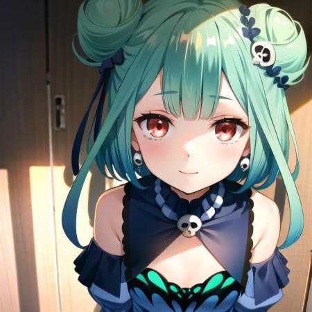 <lora:testbluerushia02:1>,  bluerushia, green hair, double bun, red eyes, short hair, blue bow, hair ornament, blue dress, detached sleeves,