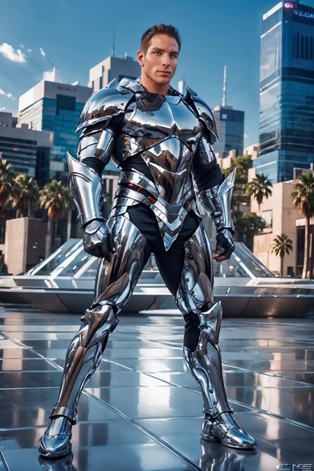 plaza, futuristic chrome cityscape in background, muscular DylanRoberts wearing chr0me4rmor, chrome paladin armor, holding chrome sword, (((full body portrait))), wide angle,  <lora:Clothing - Chrome Armor:0.7>  <lora:DylanRoberts:0.8>