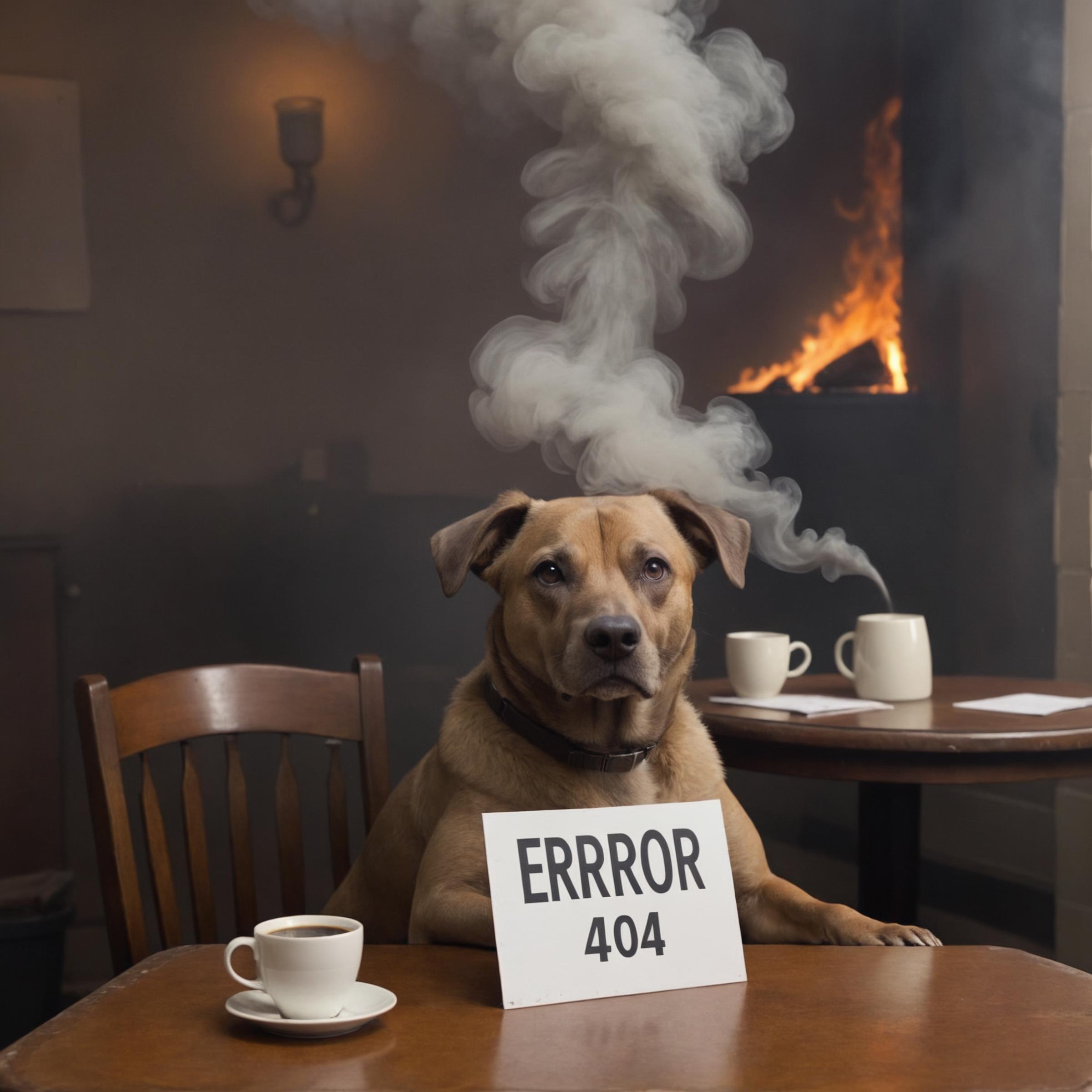A dog sitting in front of a sign that says "Error 404" with a cup of coffee on the table.