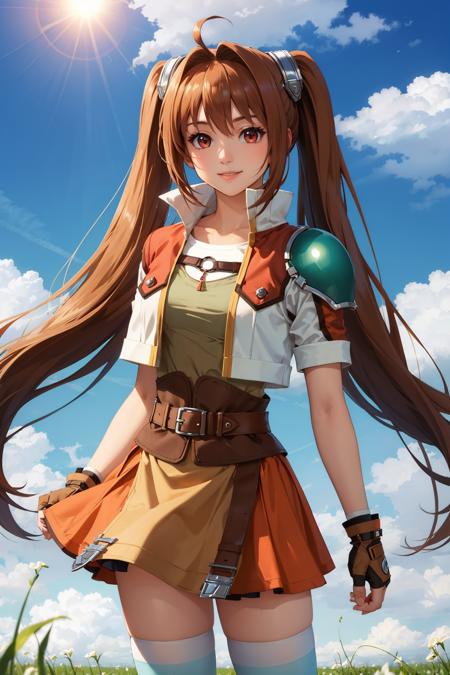 masterpiece, best quality, scEstelle, cropped jacket, green shoulder pad, tan shirt, orange skirt, belt, brown gloves, white thighhighs, upper body, smile, sky, clouds, field, sun, standing, looking at viewer, v  <lora:estelle-nvwls-v2-000009:0.9>