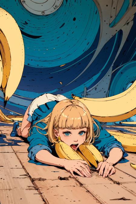 blonde schoolgirl laying on the ground surounded by banana, by kilian eng