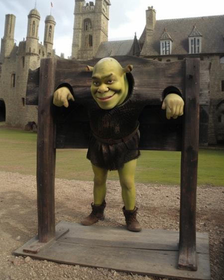 <lora:Pillory-v2-Test:.8> shrek, shrex pillory, in a medieval court outdoors, castle <lora:ShrekDoguVersion2:1>