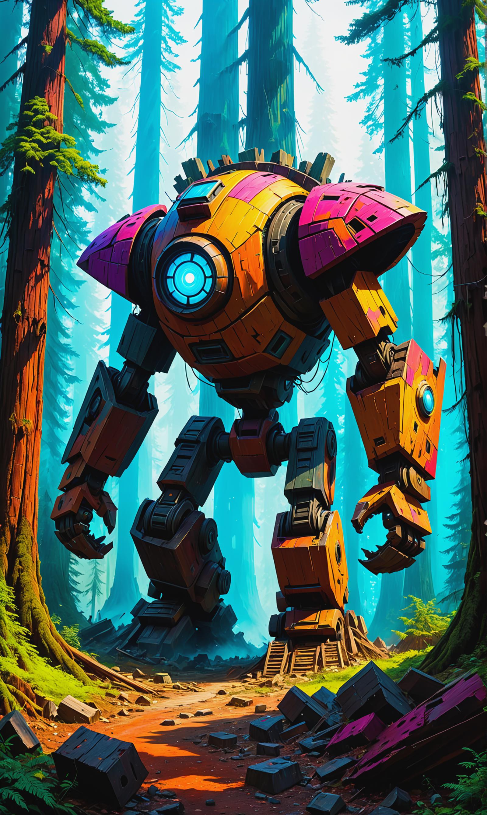 A Large Robotic Machine with Many Arms in a Forest Scene