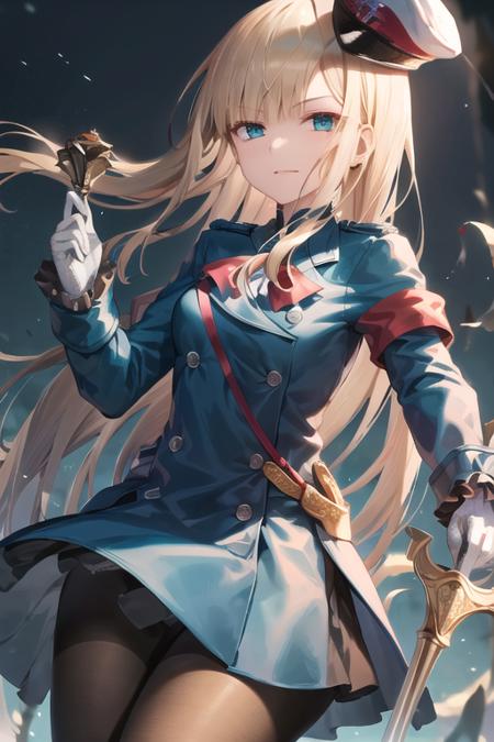 1girl, solo, masterpiece, best quality, <lora:reines_alter:0.7>, reines\(alter\), pantyhose, blue jacket, long sleeves, hat, armband, white gloves, skirt, black pantyhose, sheath, sword,