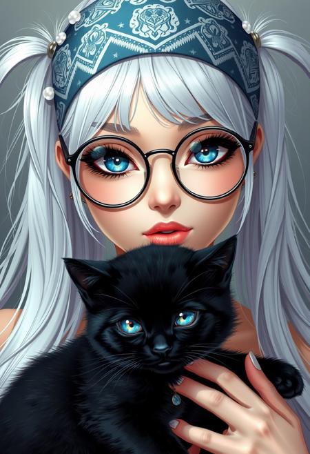 beautiful girl , long white hair in two ponytails , on the head bandana with print , with bright sparkling eyes , long eyelashes , plump lips , in round glasses with a pendant month , choker , glossy skin , pearl skin , holding a black kitten , closeup