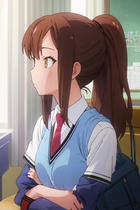 best quality, masterpiece, highres, solo, {aoyama_nanami_sakurasounopetnakanojo:1.15}, brown_hair, long_hair, brown_eyes, ponytail, yellow_eyes, 2girls, multiple_girls, necktie, school_uniform, solo_focus, 1girl