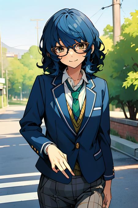 Tsumugi Aoba, solo, smile, necktie, glasses, pants, blazer, necktie, plaid pants, school uniform, cowboy shot, blue hair, blush, soft expression, outdoors