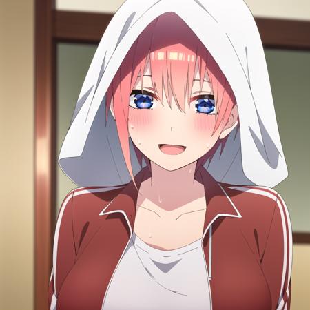 <lora:ichika:0.8> 1girl, solo, breasts, looking at viewer, blush, smile, open mouth, bangs, blue eyes, shirt, hair between eyes, collarbone, jacket, white shirt, upper body, :d, sweat, indoors, blurry, blurry background, towel, red jacket, track jacket, towel on head, nakano ichika