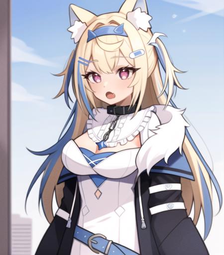 task(9nmn948k0ph1c1k)  <lora:Fuwawa Rev 1:0.7> solo, Fuwawa, Long hair, Blue highlights, Blonde Hair, Red Eyes, large breasts, Dog Ears, virtual youtuber, 1girl, animal ears, multicolored hair, solo, blonde hair, chain, open mouth, fang, collar, blue hair, streaked hair, hair ornament, bangs, long hair, eyebrows visible through hair, animal ear fluff, breasts, two-tone hair, purple eyes, red eyes, jacket,