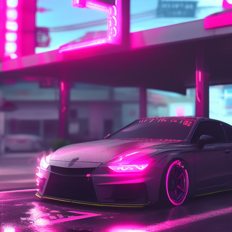 a photo of a car parked in front of a gas station with neon lights on it's roof and a neon sign above it, art by carstestv3