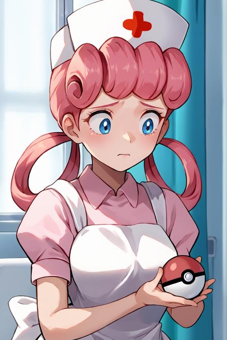 njpk, medium breasts, pink hair, hair rings, bangs nurse cap, pink collared dress, puffy short sleeves, white apron, white footwear