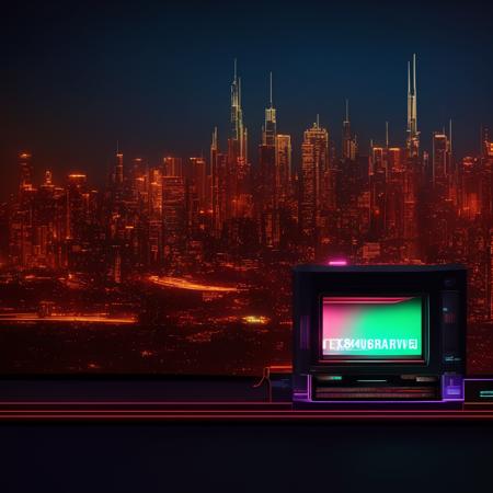 textless (retrowave:1)  an old - fashioned computer screen with a city skyline in the background  <lora:RetroWave_LoraBooth:0.6>