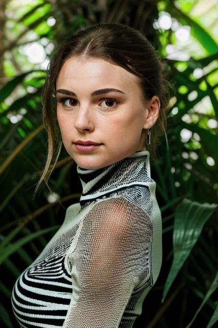 a stunning young woman in a stunning stripped turtleneck dress, in a jungle paradise, cinematic lighting, (stunning eyes, extreme close up), perfect face, no makeup, raw, 8k uhd, <lora:emilyVanCamp:1>