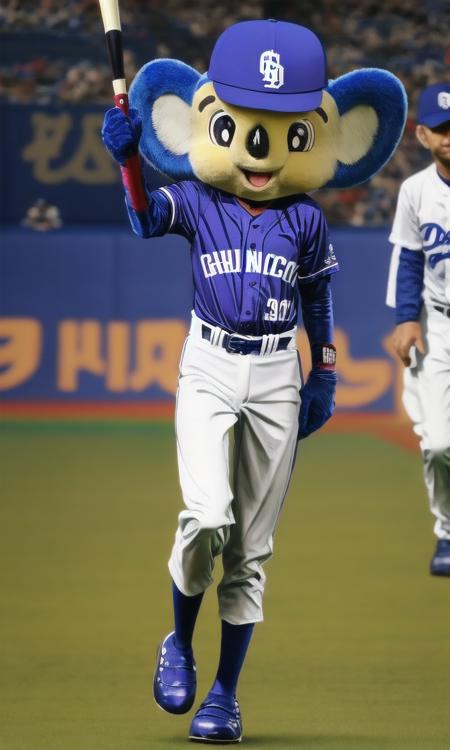 masterpiece, best quality, ultra-detailed, illustration,
doalaH, baseball uniform, mascot, stadium, male focus, clothes writing, baseball cap, baseball bat, blue footwear, open mouth, standing, full body, smile, clenched hand, belt, white pants, blurry background, blurry, baseball stadium, <lora:doala_V1:1>