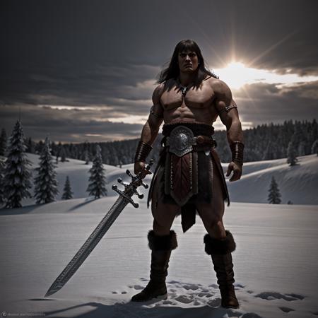 professional 3d model of  <lora:Conan the Barbarian SD1.5:1.2>
Conan the Barbarian a man with an epic sword standing in a snowy field, octane render, highly detailed, volumetric, dramatic lighting