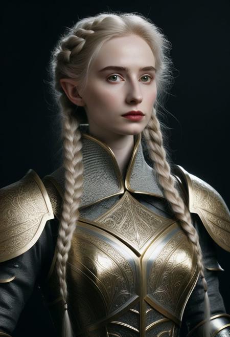 1girl 18 yeas, elf, slender, pale skin, goosebumps, very long gold and silver hair, triple braids,  light grey eyes, (small pointed ears:1.3),
Milanese plate armor, black gauntlets, dnd character portrait, intricate, analog photograph, masterpiece, expertly crafted, incredibly detailed, 8k resolution, 
 (By Alice Pasquini, by Aliza Razell:0.8), low angle shot, Cinematic Hollywood Film style a young woman, 18, sensually dynamic pose ,