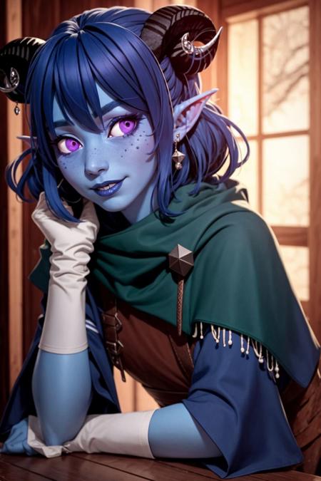 <lora:JesterV1:0.75>, Jester Lavorre, purple eyes, blush, shy, blue hair, blue skin, horns, tavern, wooden table, stone wall,