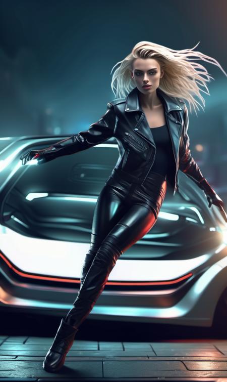 <lora:wallis_day_xl_lora_33:1> wallis day woman, masterpiece, concept art, highly detailed,  mid shot, centered, dynamic angle, woman stepping out of a car, cyberpunk theme, stylish, stylish long blonde hair, in front of a club, wet, Volumetric lighting, depth of field, focused shot, (epic composition, epic proportion), Award winning, HD