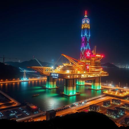 make offshore rig future setting with skyscraper chine text of a town
