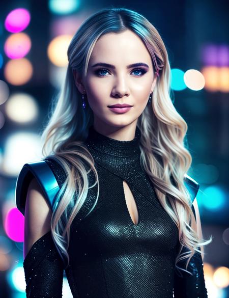 a woman, in elegant dress, close up <lora:FreyaAllan:1>, (Cyberpunk), futuristic, neon, urban, dystopian