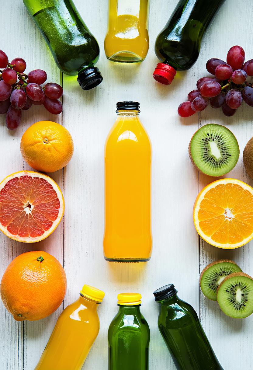 A high resolution photograph showing a flat lay arrangement of various fresh fruits arranged on a wooden surface including oranges, grapes, pomegranates, kiwis, grapefruits and other fruits arranged in a circle around bottles; the bottles are different sizes and colours; the largest in the centre contains bright orange juice, the second bottle contains a dark brown liquid, likely black sesame seeds, the third bottle contains orange juice with a yellow cap, the fourth bottle contains a green smoothie with a greenish tint, the fifth bottle contains red grapes, the sixth bottle contains grapefruit, the seventh bottle contains pomelo, the eighth bottle contains oranges, the ninth bottle contains kiwis and the tenth bottle contains orange, the background consists of a light coloured wooden surface with visible grain patterns, providing a rustic and natural setting, the photograph is taken from a top down perspective, emphasising the vibrant colours and textures of the fruits and smoothie bottles,