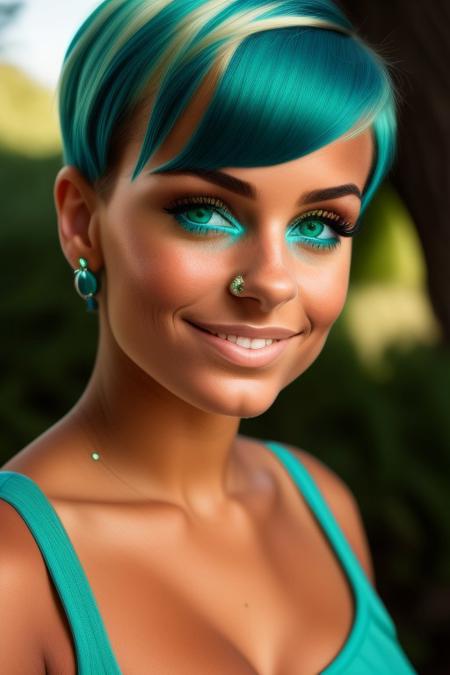 \(waifu: Sylvia\), masterpiece, best quality, ultra-detailed, beautiful detailed ,__PROMPT__, delicate make-up, close-up portrait, 1girl, solo, tanned, white t-shirt, sylvia, pixie_teal_hair