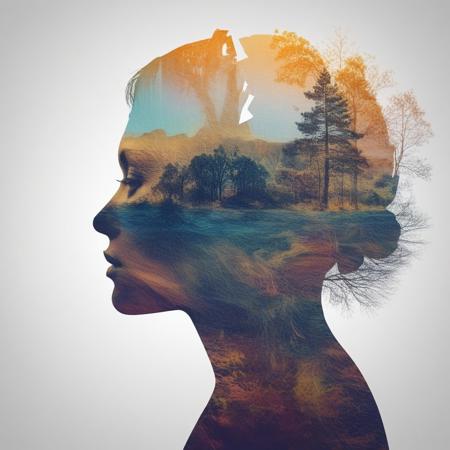 [Abstract style waterfalls, wildlife] inside the silhouette of a [woman] as head that is a double exposure photograph . Non-representational, colors and shapes, expression of feelings, imaginative, highly detailed