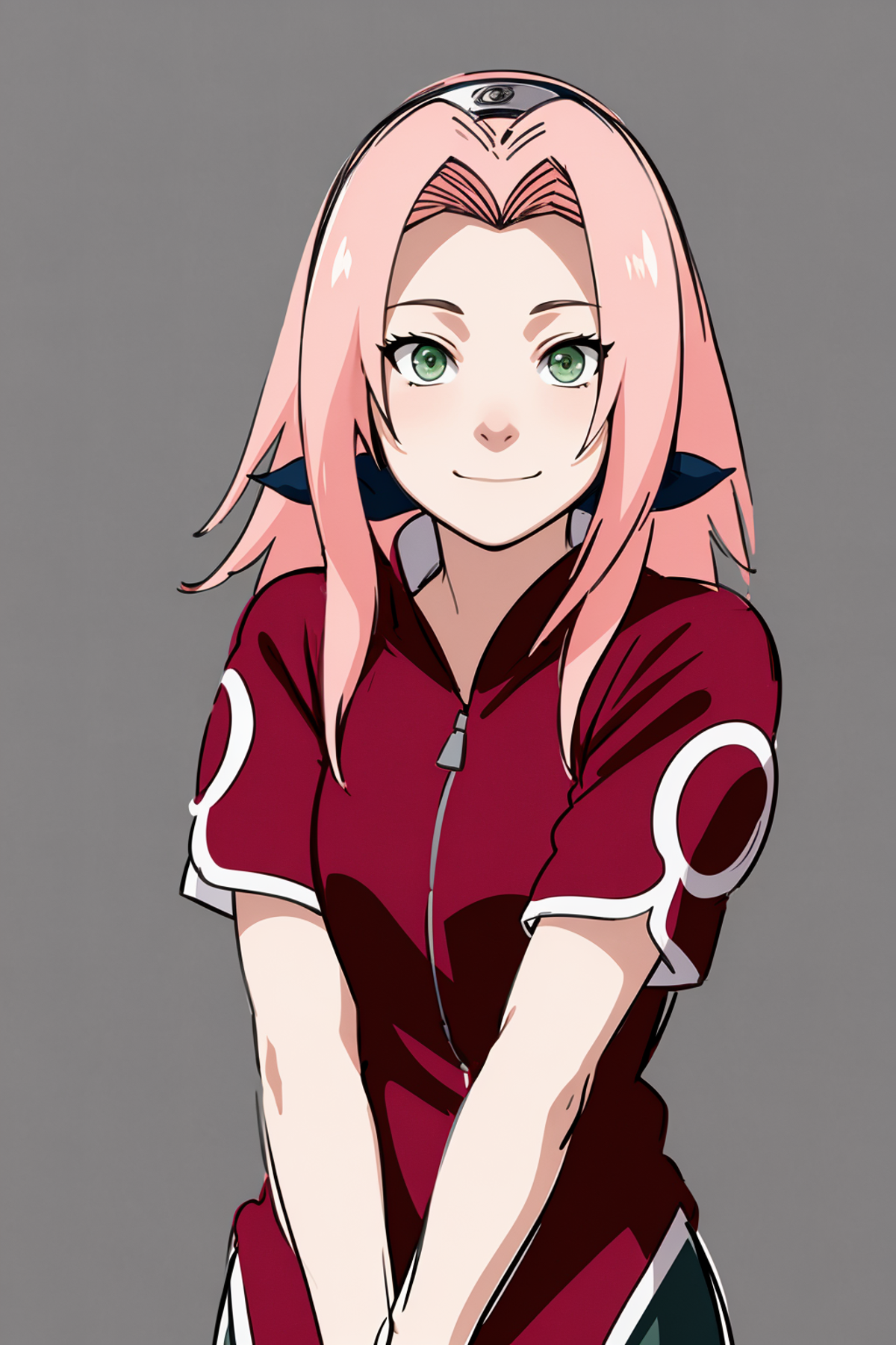 A cartoonish anime girl with pink hair and a red shirt.