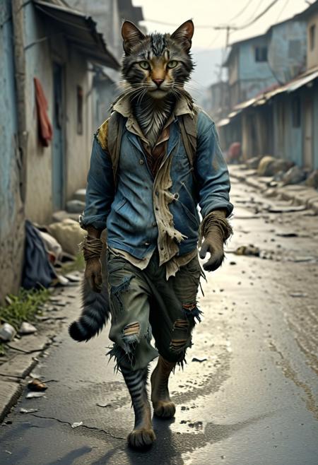 A feline-human hybrid, sporting tattered clothing and appearing impoverished, strolls along the side of the road. The character's disheveled appearance evokes a sense of hardship and struggle.